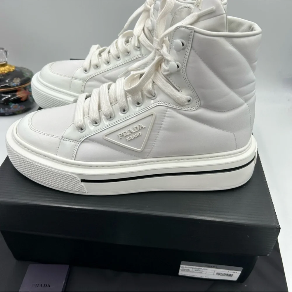 Women’s Prada re-nylon leather hightop sneakers size 39.5 made in Italy